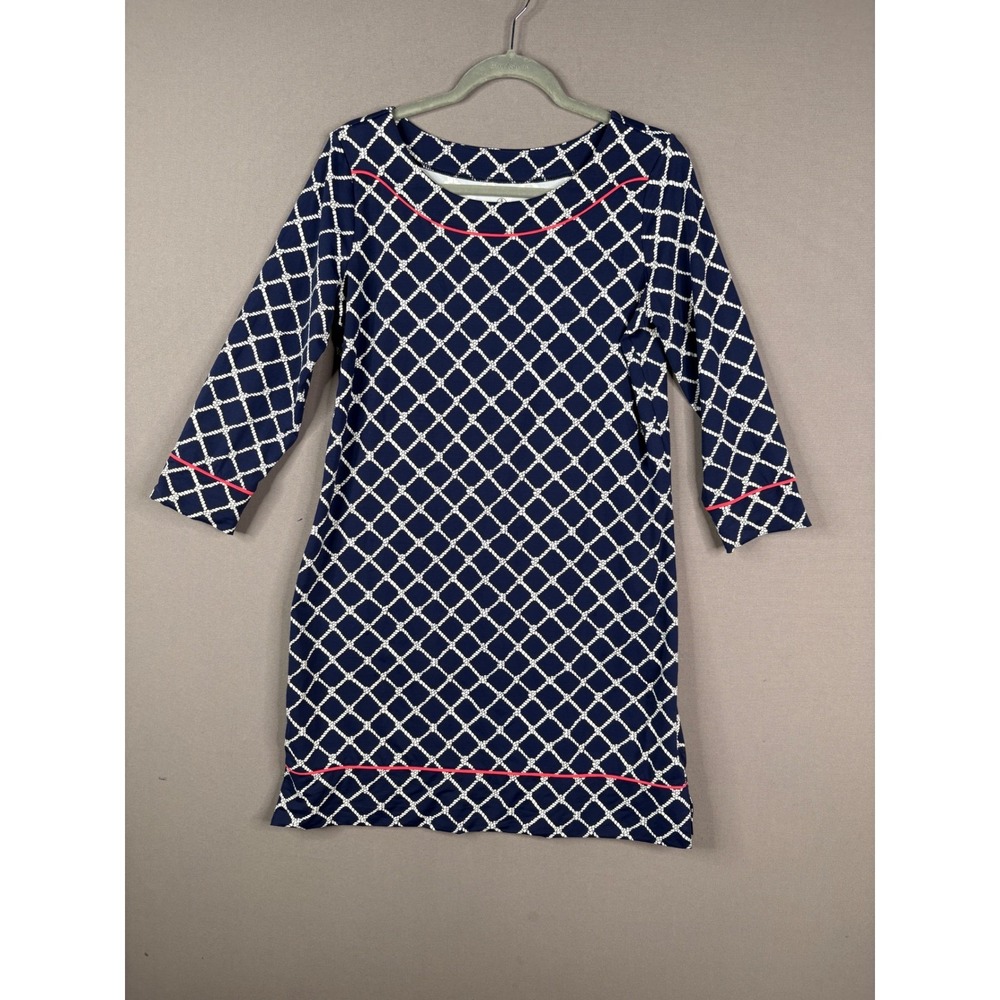 Lands' End Shift Dress Women M Blue Rope Print 3/4 Sleeve Nautical Coastal Beach